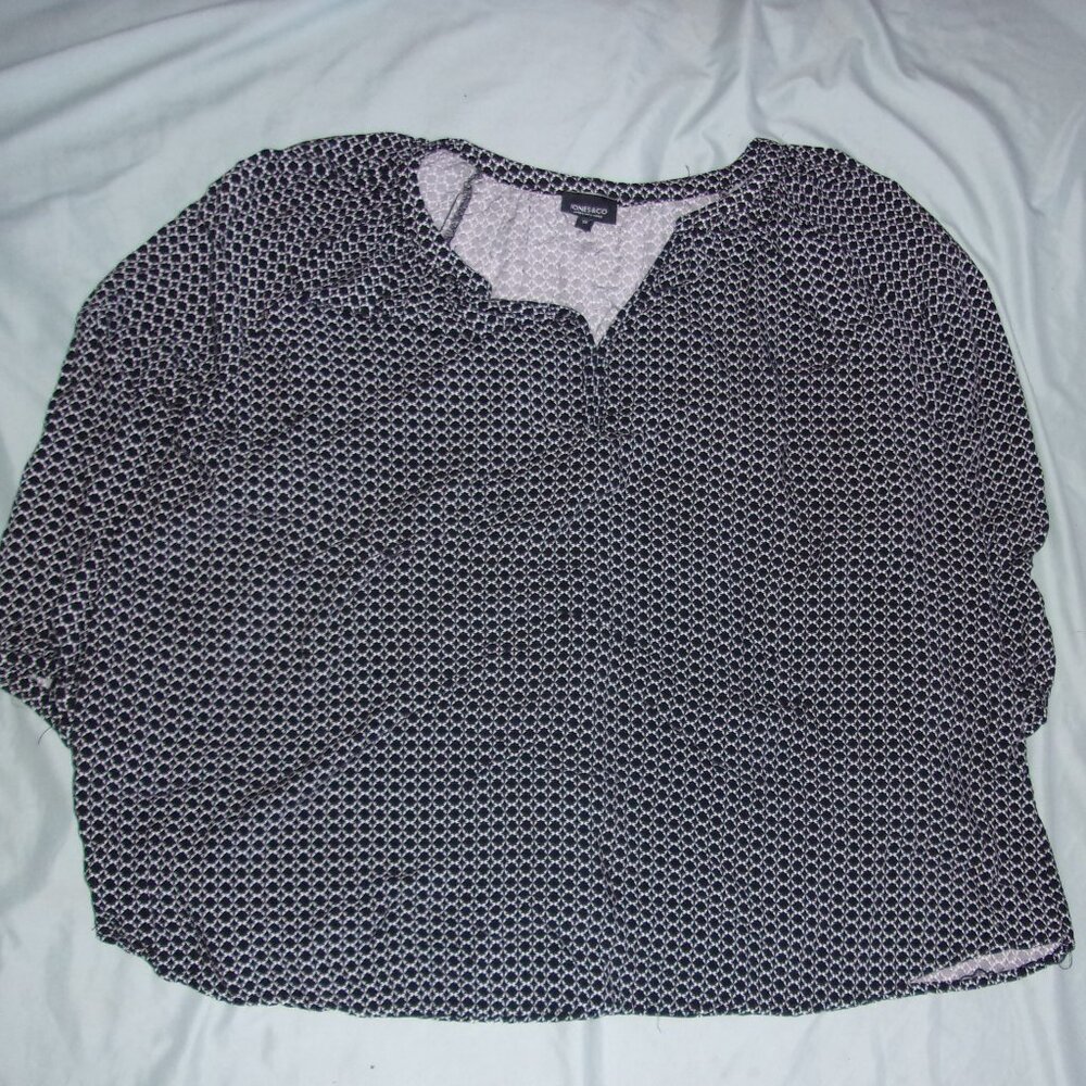 🍋‍🟩 size 1x womens black  white print casual dress shirt top blouse 1 x